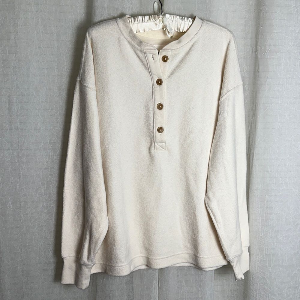 aerie Neutral Ivory Quarter Button Cotton Sherpa Henley Sweatshirt - Picture 9 of 17
